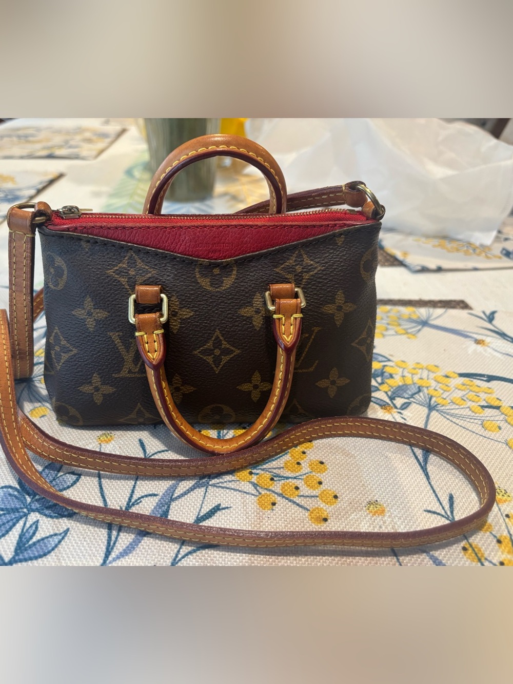 Louis Vuitton Monogram Crossbody Satchel in Brown with Red Trim